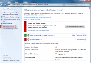 Selecting Advanced settings in Windows Firewall