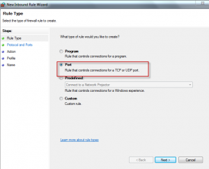 New inbound rule wizard in Windows Firewall