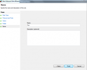 Naming the new inbound connection rule in Windows Firewall