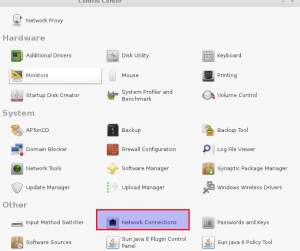 Network connections option in Linux Mint Control Center