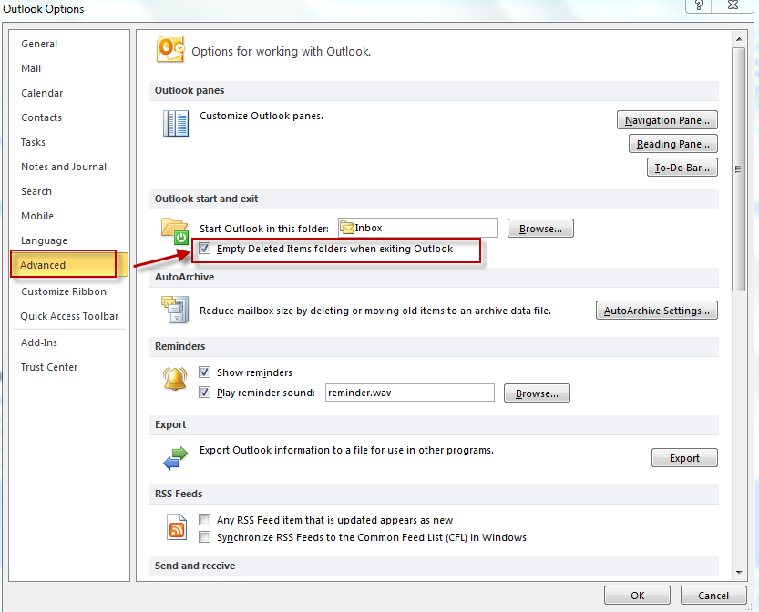 Enable delete on exit for deleted items folder in Outlook 2010