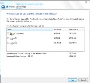 Selecting the system drives to be included in making the Windows 7 system image