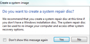 Option of whether to create a system repair disc