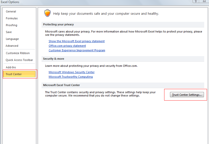 Trust Center in Excel 2010