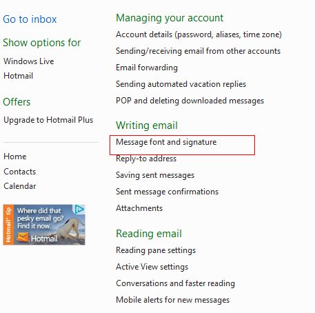 Accessing signature settings in Hotmail