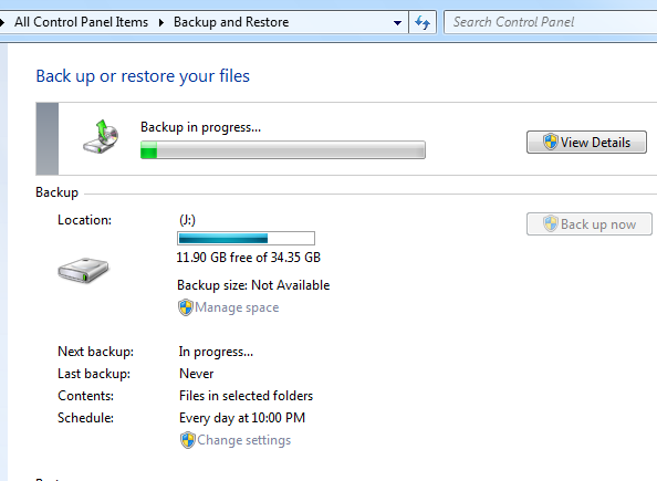 Backup being run in Windows 7