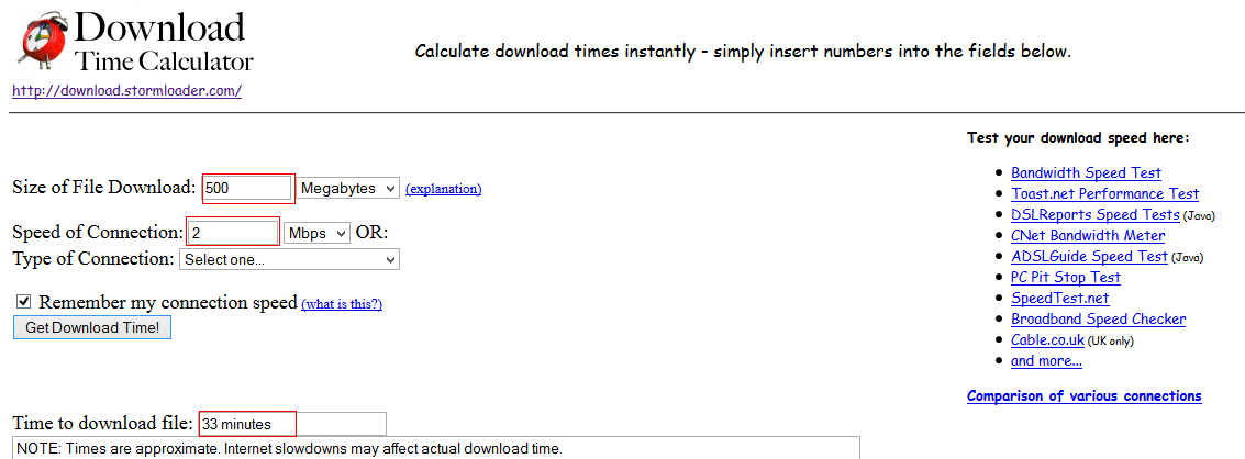 Calculating download time for files