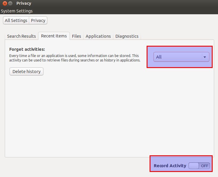 Turn off history for Ubuntu dashboard items