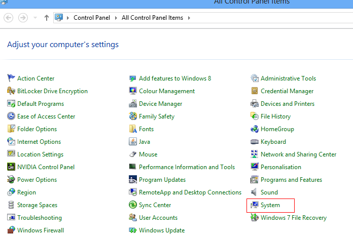 Access system settings from Windows 8 control panel