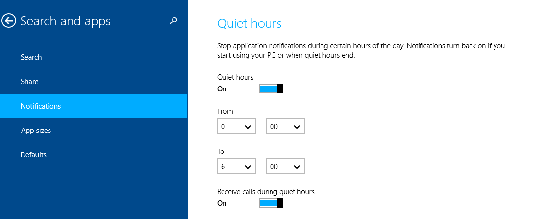 selecting quiet hours time intervals in Windows 8.1