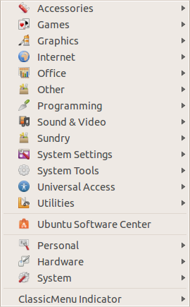 Gnome classic menu as displayed by classicmenu indicator app