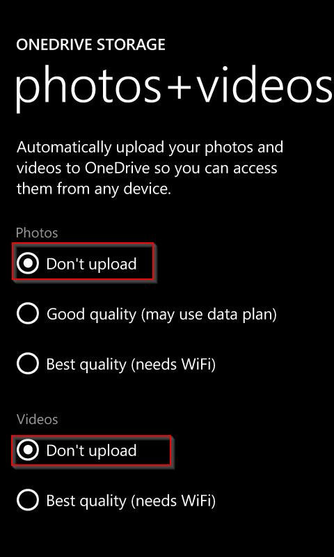 Turning off auto upload for photos and videos in Windows 8.1 phone