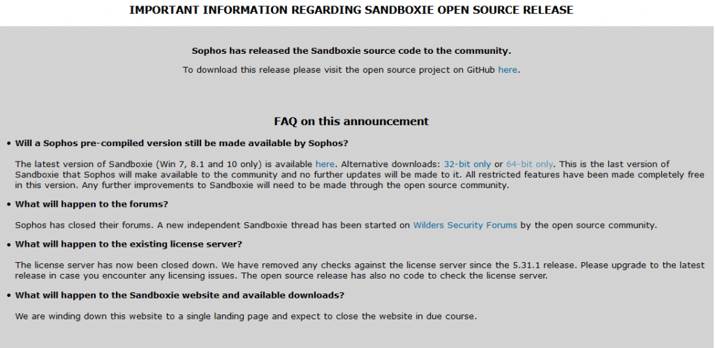 sandboxie website closure announcement