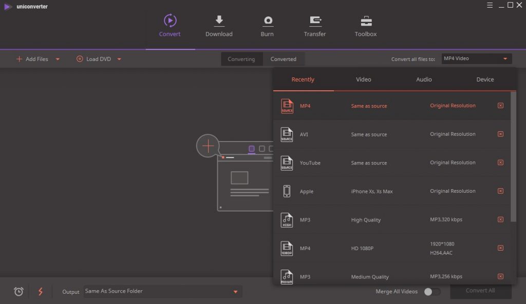 Convert options in UniConverter 