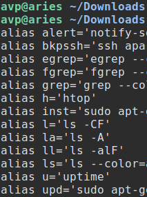 list of aliases present and active when using Bash shell