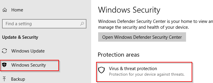 Windows Security options in Windows 10