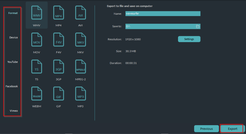 different export options in Filmora 