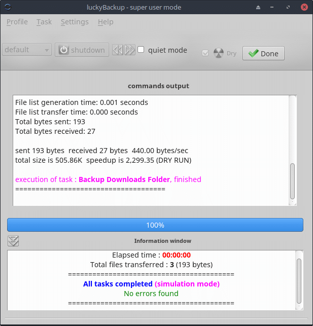 dry run for testing backups using luckyBackup