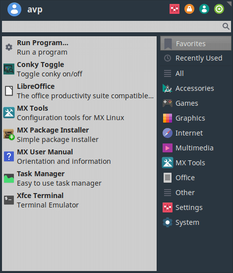 Xfce menu in MX Linux