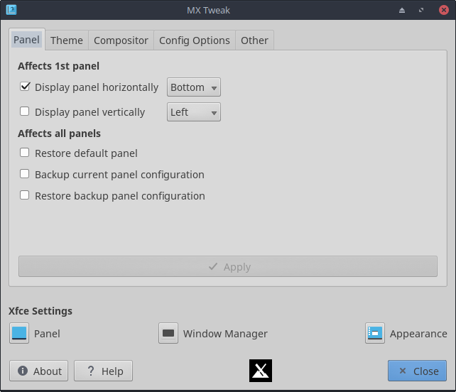 using MX Tweak to change location of desktop panel
