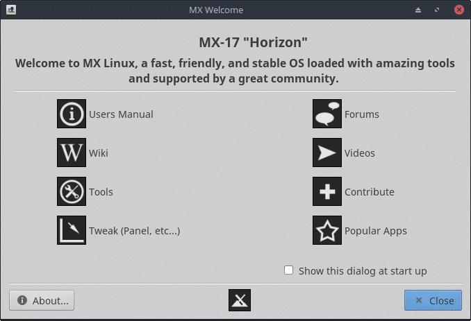 MX Welcome screen 