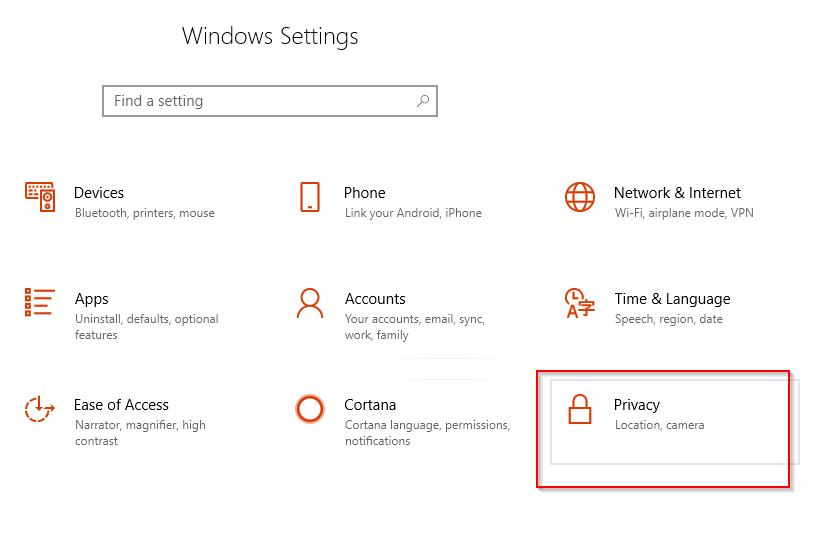 accessing Privacy settings in Windows 10