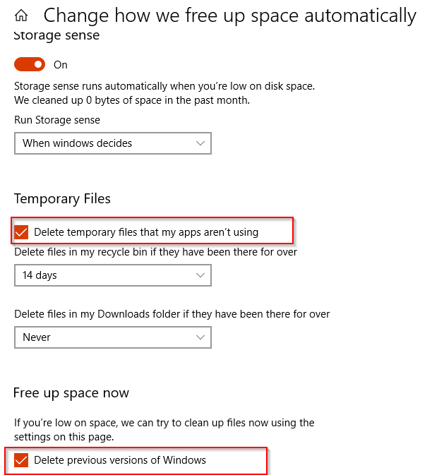 auto delete temporary and downloaded files using Storage sense in Windows 10 