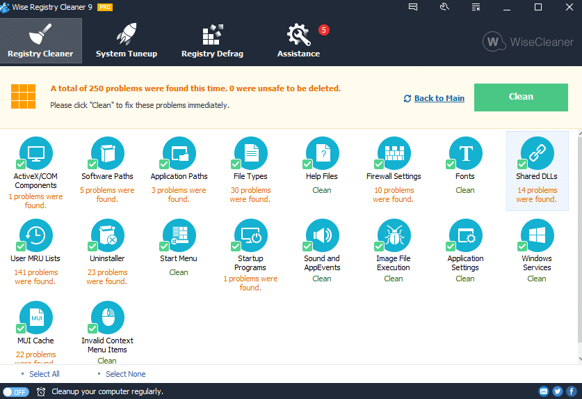 Cleaning up registry using Wise Registry Cleaner 