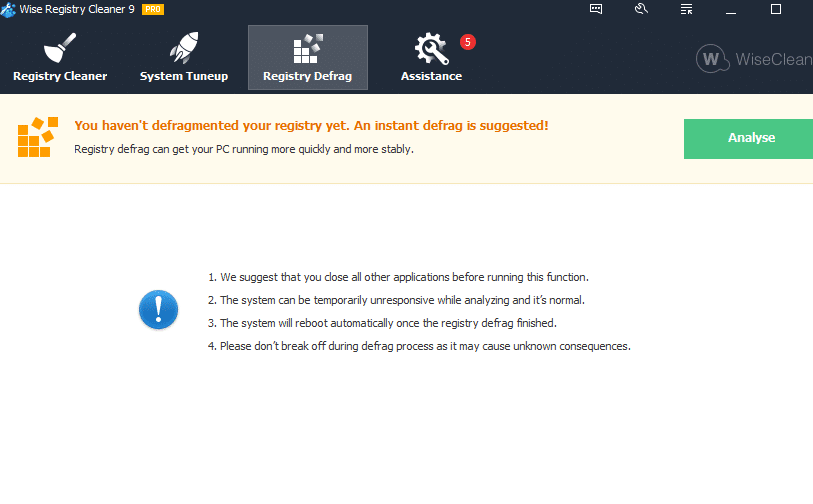 defragmenting registry using Wise Registry Cleaner 