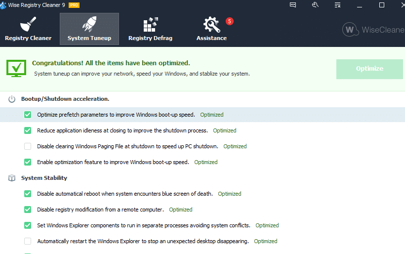optimized PC settings using Wise Registry Cleaner 