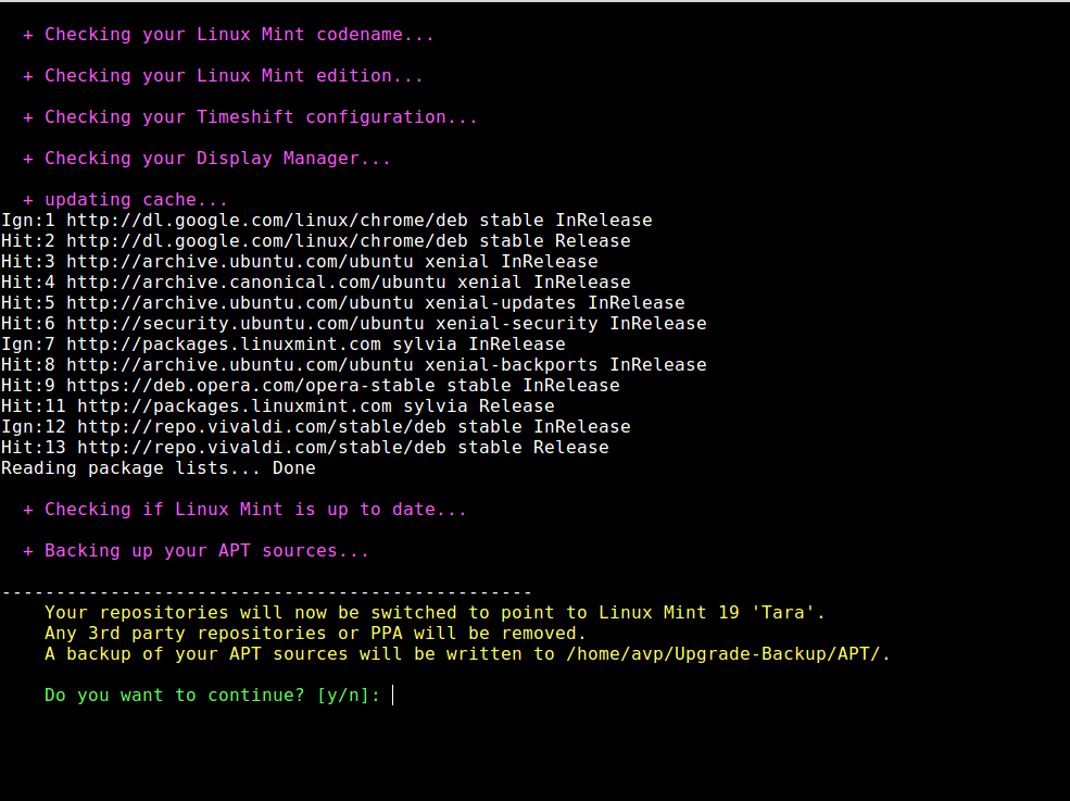 performing an upgrade simulation of Linux Mint 19 Tara from Sylvia