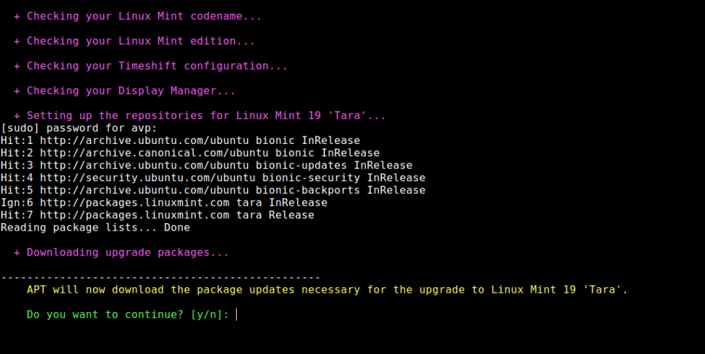 downloading upgrade packages for upgrading to Linux Mint 19 Tara