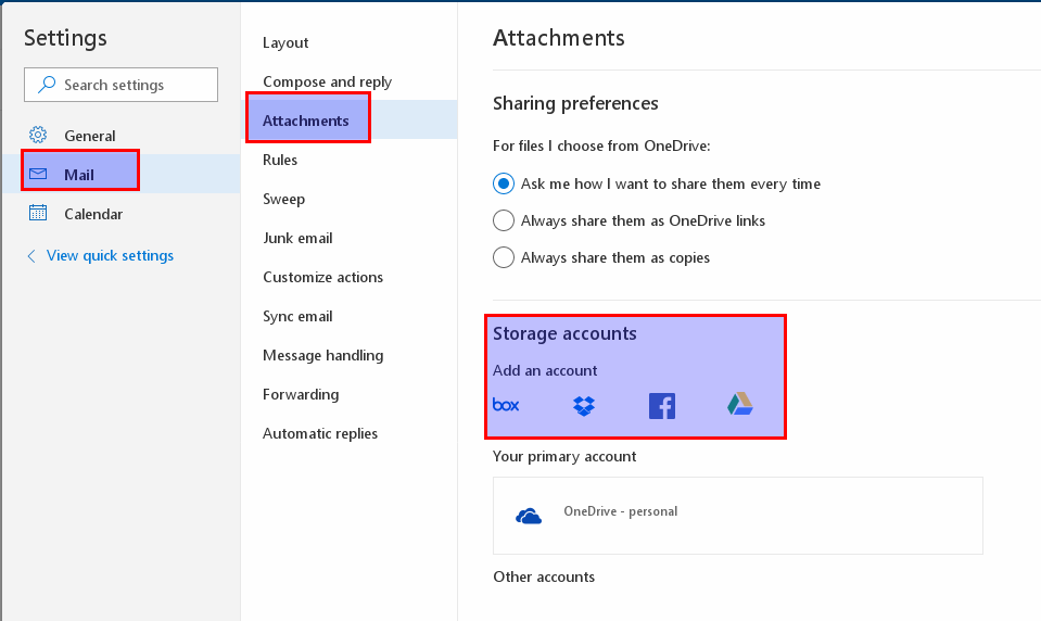 linking a cloud storage account with Outlook.com in beta mode