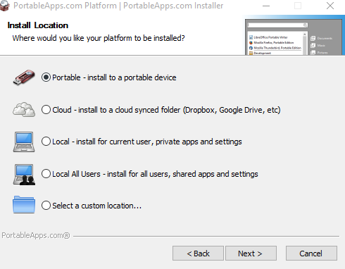 choosing where to install PortableApps 