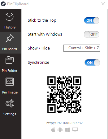 enable synchronize between different devices in PinClipBoard settings