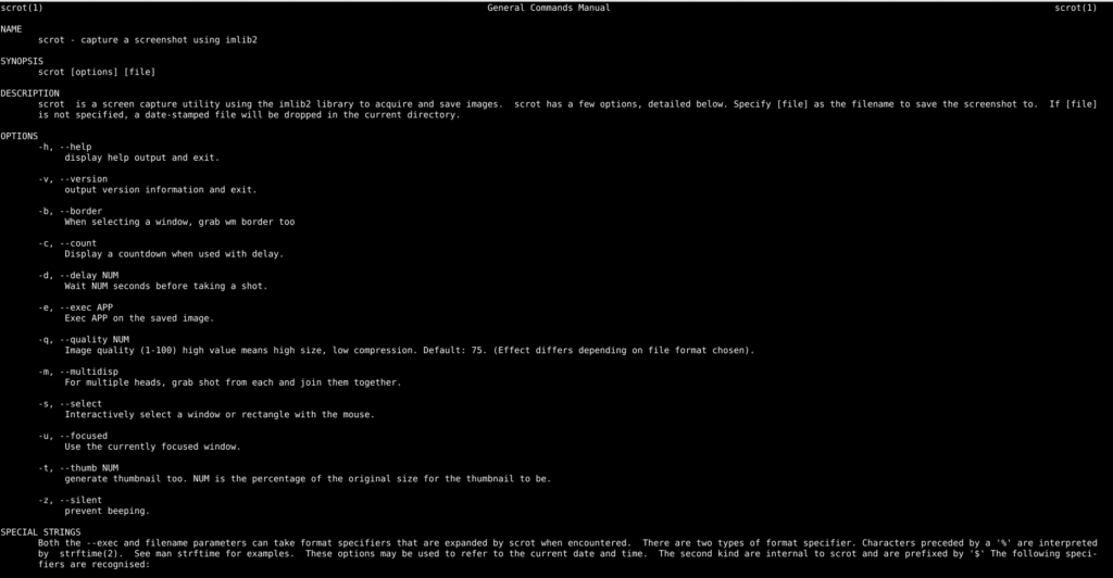 man pages for scrot screenshot tool in Linux Mint/Ubuntu