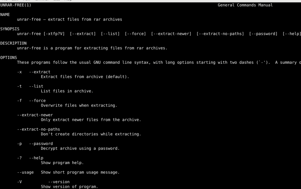man pages of unrar-free