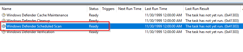 enabling Windows Defender Scheduled Scan task in Windows 10