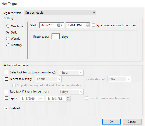 options when choosing a schedule for Windows Defender scheduled scan