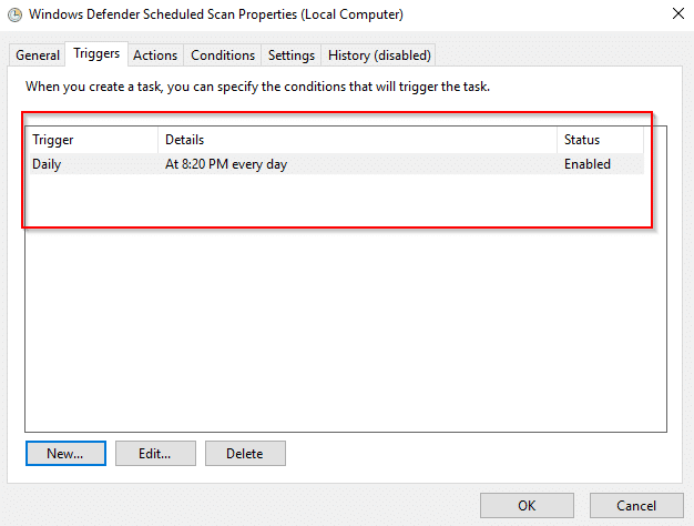 Scheduled scan enabled for Windows Defender