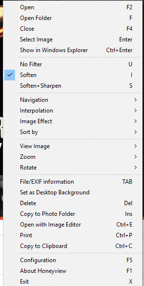 right click brings up quick access menu for image related tasks in Honeyview 