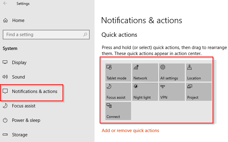 reordering quick actions icons in Windows 10