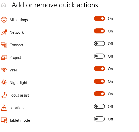 add and remove quick actions icons in Windows 10