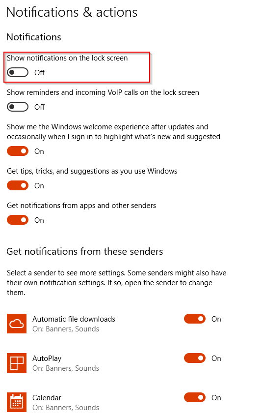 changing notifications settings in Windows 10