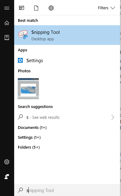 access snipping tool from search in Windows 10 