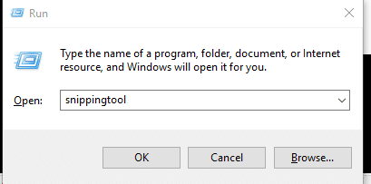 access snipping tool from run box in Windows 10