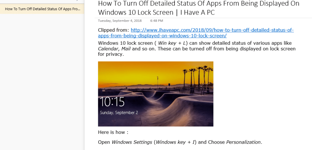 saved web clippings accessed through OneNote Windows app