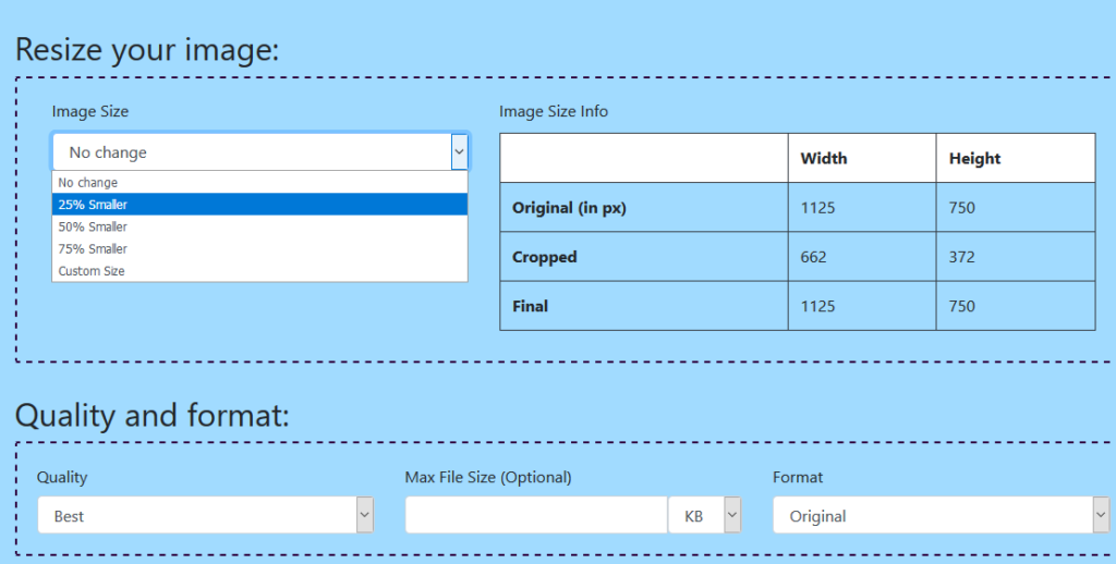 changing image size using resize my image tool