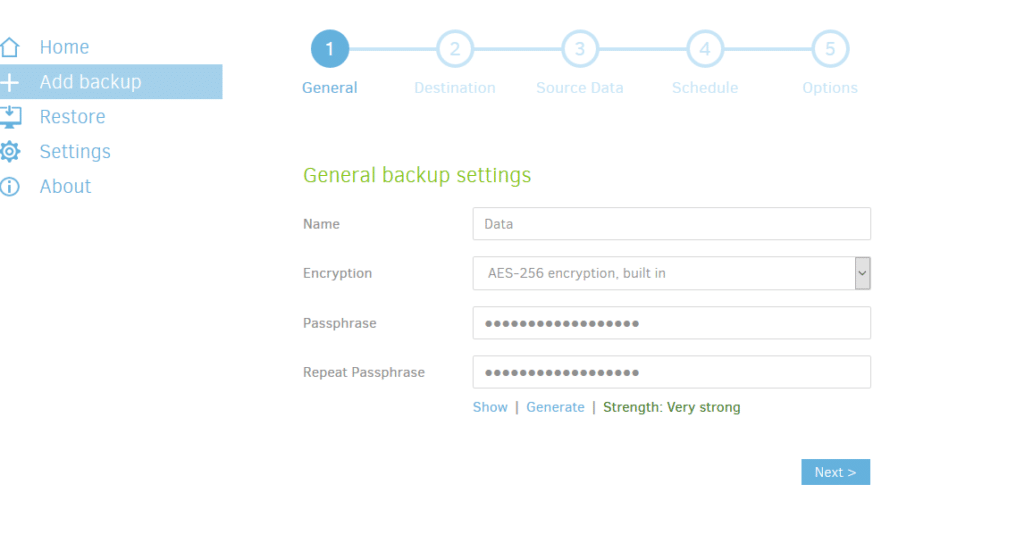 setting a passphrase for backups in Duplicati 