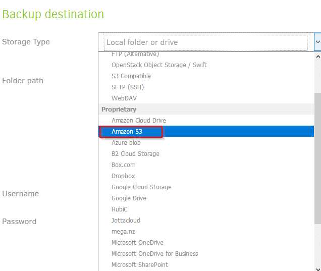 choosing backup destination as Amazon S3 in Duplicati 